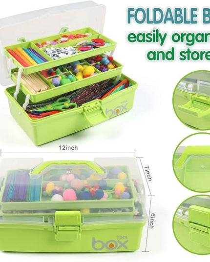 12in 3-Layer Plastic Craft Organizers and Storage, Portable Folding Tackle Box with Handle & Adjustable Dividers, Multipurpose Case for Sewing, Art Supplies, Medicine, Tools (Green)
