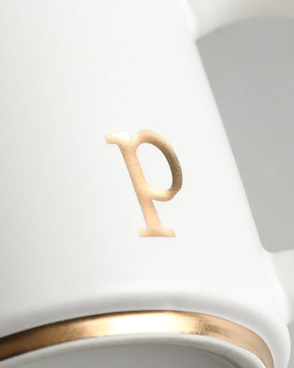 COLLECTIVE HOME - Monogram Ceramic Mugs, 15 oz Golden Initial Coffee Cups, Elegant Alphabet Tea Mugs, Elegant Personalized Mug with Gift Box, Luxurious Cups for Office and Home (p)