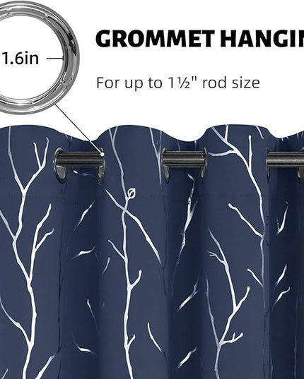 BUHUA Navy Blue Blackout Curtains, Grommet Thermal Insulated Shinny Tree Branches Print Curtain for Bedroom, 52W x 63L, Set of 2 Panels
