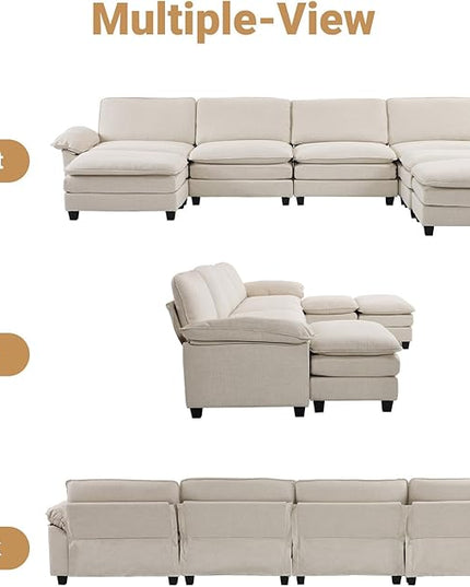 VINGLI 156" Cloud Couch, Comfy Modular Sectional Sofa Set for Living Room,U-Shaped Linen 4-Seat Convertible Loveseat Sofa with 3 Ottoman for Small Space.(Beige)