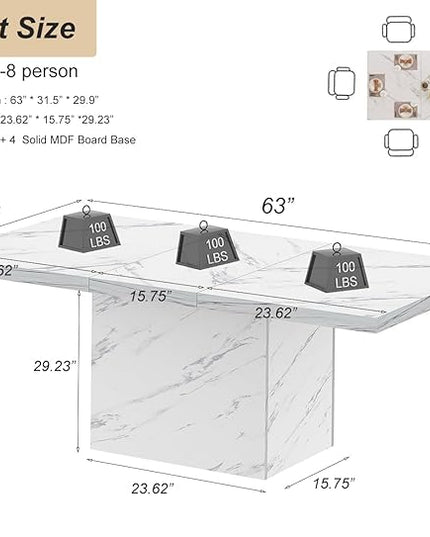HSH White Faux Marble Dining Table, 63 inch Modern Dinner Table for 6 people, Farmhouse Rectangle Kitchen Table for Living Room, Large Wood Dining Room Tables with strong Pedestal, White Marble, 63 In