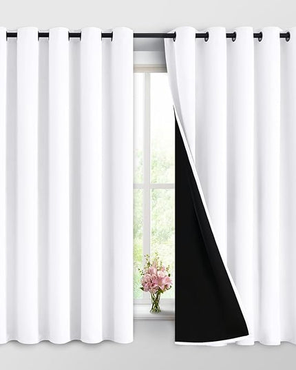 Yakamok 2 Thick Layers Pure White 100% Completely Blackout Curtains Thermal Insulated Room Darkening Drapes for Bedroom(62Wx63L, Pure White, One Pair)