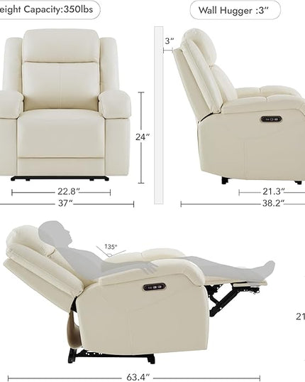 Watson & Whitely Genuine Leather Power Recliner Chairs for Adults, Wall Hugger RV Recliner with Power Headrest & Charging Ports, Electric Recliner Sofa Chair for Living Room, Cream
