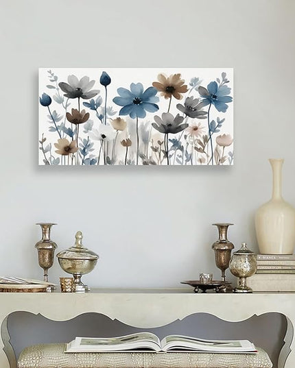 KZKU Flowers Canvas Wall Art - Floral Pictures for Wall Decor Indigo Brown Grey Canvas Prints Nature Printing Artwork for Living Room Bedroom Home Office Wall Decoration 20" x 40"