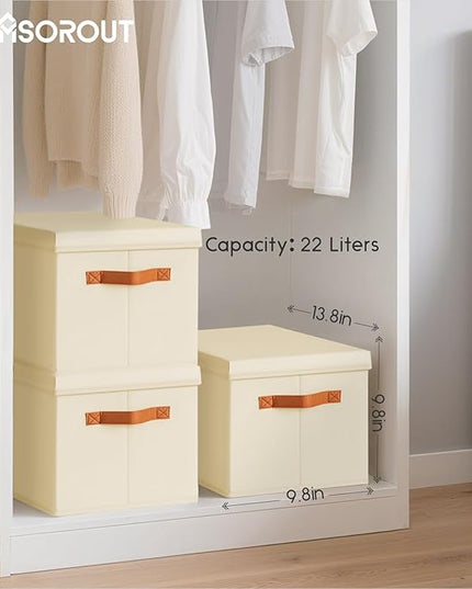 Storage Bins with Lids - Fabric Storage Baskets for Shelves, 4 Pack Foldable Decorative Boxes with Handles, Stackable Organizer Bins for Home, Nursery, Dorm, Beige