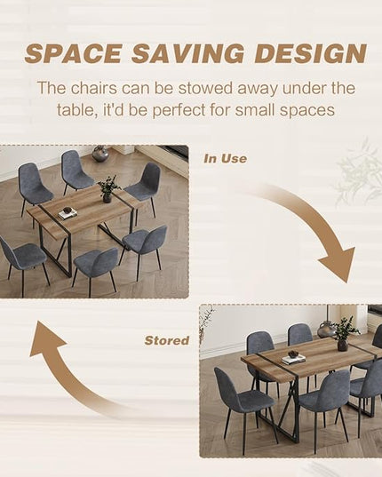 6 Chair Dining Table Set，Dinner Table Set for 6, 55'' Kitchen Table and Suede Nap Fabic Chairs Set of 6, 7 Piece Dining Table Set for Kitchen Dining Room