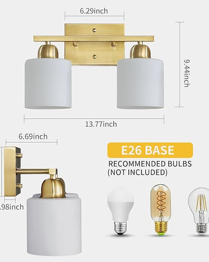 2 Light Bathroom Vanity, Bathroom Lights Over Mirror with Milky White Frosted Glass Shades, Gold Vanity Light for Mirror Living Room Bedroom Hallway E26 Base