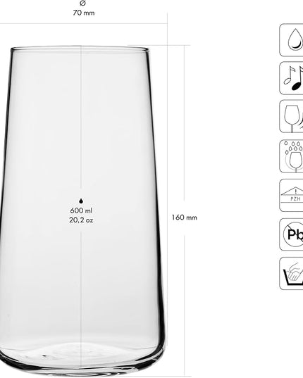 Krosno Water Glasses, Set of 6, Capacity 20 fl oz, Infinity Collection, Thin Highball Glasses,Clear Tall Glass Cups For Water, Juice, Drinks, and Cocktails, Dishwasher Safe, Made in Europe