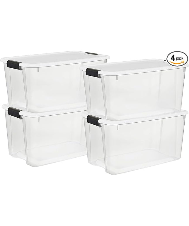 Sterilite 4 Pack Ultra Latching Box, Storage Bins with Lids, Clear Plastic, 70 Quart - Heavy-Duty Organizing Containers for Closet, Bathroom, and Office
