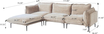 WJShome Velvet Modular Sectional Sofa with Chaise,111" 3-Seater Sofa with Ottomans L-Shaped Couch for Living Room, 8" High Metal Legs and Easy to Clean, Oatmeal