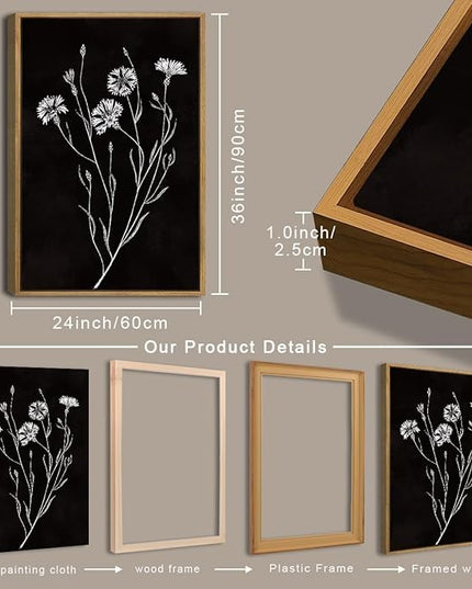Extra Large Black and White Floral Wall Art Framed Botanical Wall Decor 3 Pieces for Bathroom Living Room Bedroom 24x36 Inch