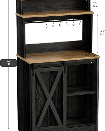 Farmhouse Coffee Bar with 3 Tier Storage Hutch, 56 Inch Small Bar Station with 6 Hooks, Corner Table with Adjustable Shelves for Living Dining Room (Black)