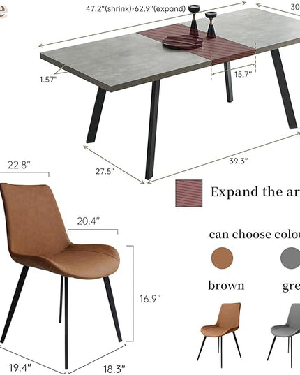 47.2"- 62.9" Extendable Dining Table with 4 Brown Dining Chairs, Modern Kitchen Table Set for 4, Thickened Expandable MDF Wooden Table with Metal Legs for Dining Room, Kitchen, Home