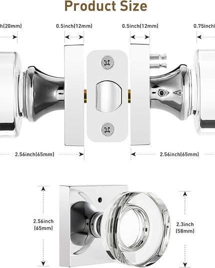 Polished Chrome Door Knobs Interior, Privacy Crystal Glass Door Knobs with Lock for Bathroom Bedroom