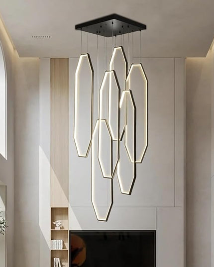 Modern Staircase Chandelier LED 6-Rings Foyer Chandeliers for High Ceilings Black Large Chandeliers Remote Control 3000K-6000K Dimmable Pendant Light for Living Room Staircase Entryway