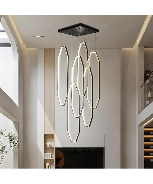 Modern Staircase Chandelier LED 6-Rings Foyer Chandeliers for High Ceilings Black Large Chandeliers Remote Control 3000K-6000K Dimmable Pendant Light for Living Room Staircase Entryway