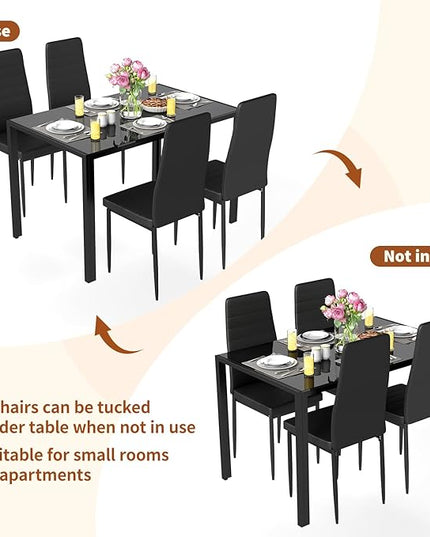 FDW | Dining Table Set for 4 | 5-Piece Glass Black Dining Table | Kitchen Table with 4 Upholstered Chairs and Faux Leather Cushions | Space-Saving and Modern Design | for Dining Room, Easy to Assemble