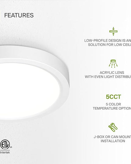 ASD LED 5" Round Flush Mount Ceiling Light Fixture, Low Profile Surface Lighting | 5CCT, Dimmable, Ultra-Thin, ETL Listed | 10W 700LM 2700-6000K 120V | Kitchen, Bedroom, Hallway Lamp | White