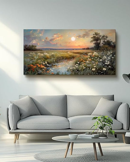 hyidecorart Vintage Farmhouse Wildflower Wall Paintings Canvas Wall Art for Living Room Wall Decor for Bedroom Office Decorations Nature Landscape Picture Artwork Aesthetic Home Decor Ready To Hang