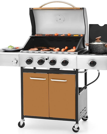 Sophia & William 4-Burner Gas BBQ Grill with Side Burner and Porcelain-Enameled Cast Iron Grates, 42,000BTU Propane Grills Outdoor Cooking Barbecue Grill Cabinet Style, Golden