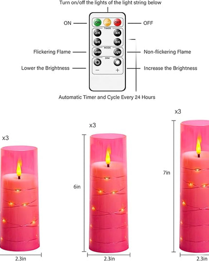 Flickering Flameless LED Candles,Battery Operated Candles 9 Pcs with Embedded Star String,Acrylic LED Pillar Candles with Remote,Suitable for Home Decoration to Create an Atmosphere (Pink)