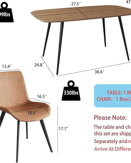 47.2'' Dining Table Set for 4,Modern Wood Dining Table,Leather Dining Chairs 4,Table and Chairs Set of 4,Ideal for Kitchen Dining Room (Walnut Color Table + 4 Brown Chairs, 47.2")