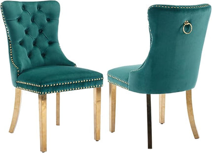 SoarFlash Velvet Dining Chair Set of 2, Upholstered Tufted Dining Room Chair with Nailhead Trim and Solid Gold Plated Leg for Kitchen (Green)