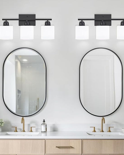 3-Light Bathroom Light Fixtures, Black Bathroom Vanity Lights with Milky White Frosted Glass Shades, Black Vanity Light for Bathroom Mirror, Bedroom, Living Room, Vanity Table, E26 Base
