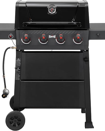 4 Burner Gas Grill, 36,000 BTU Outdoor BBQ Grill with Side Table for Outdoor Cooking & Backyard Barbecue, Premium Enameled Coated Chamber Body with Porcelain-Enameled Grates, Black