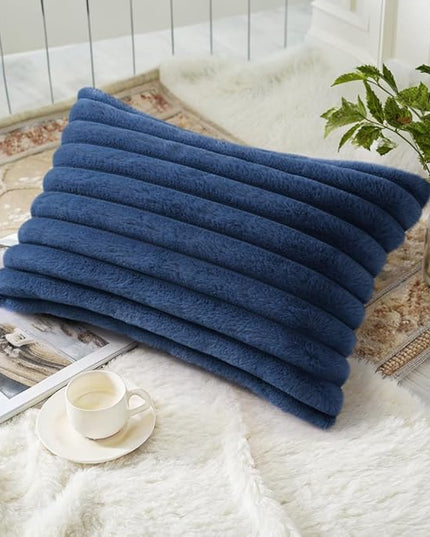 decorUhome Faux Fur Spring Throw Pillow Covers 12x20 Set of 2, Decorative Soft Plush Striped Lumbar Neutral Couch Euro Pillow Covers with Velvet Back for Sofa, Bed, Living Room Home Decor, Blue