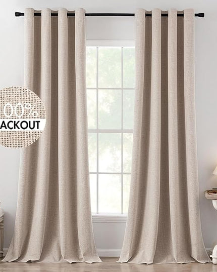 MIULEE 100% Blackout Linen Textured Curtains for Bedroom Solid Thermal Insulated Natural Beige Grommet Room Darkening Curtains & Drapes Luxury Decor for Living Room Nursery 52 x 120 Inch (2 Panels)