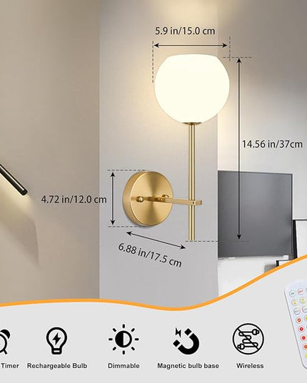 Gold Battery Operated Wall Sconces Set of 2, Rechargeable Wireless Wall Lights with Milky White Frosted Glass Shade, 12 RGB and 3CCT Dimmable, Wall Lamps with Remote for Bedroom Living Room Hallway