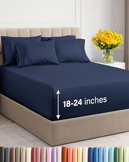 Extra Deep Cal King Sheet Set - 6 Piece Breathable and Cooling Sheets - Hotel Luxury Bed Sheets Set - Easy Fit - Soft, Wrinkle Free and Comfy Sheets Set - Navy Blue Sheet Set with Extra Deep Pockets