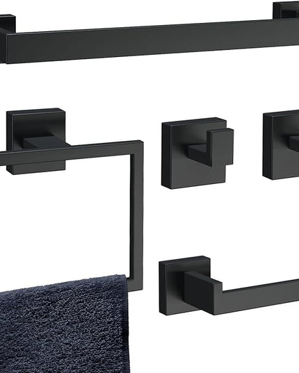 5-Piece Matte Black Bathroom Accessories Set, SUS304 Stainless Steel Wall Mounted 16 Inch Hand Towel Bar, Toilet Paper Holder, Towel Ring, Towel Hooks, Bathroom Hardware Set, Towel Bar Set