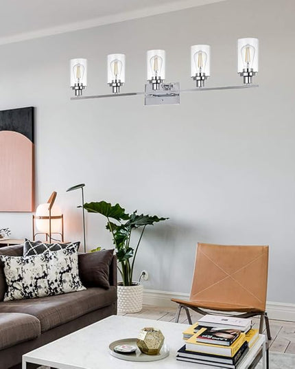 MELUCEE Modern Vanity Lights for Bathroom 5 Lights Chrome Finish with Clear Glass Shade, Contemporary Metal Wall Light Fixtures for Dressing Table Mirror Cabinets (Patent No.: US D963914 S)