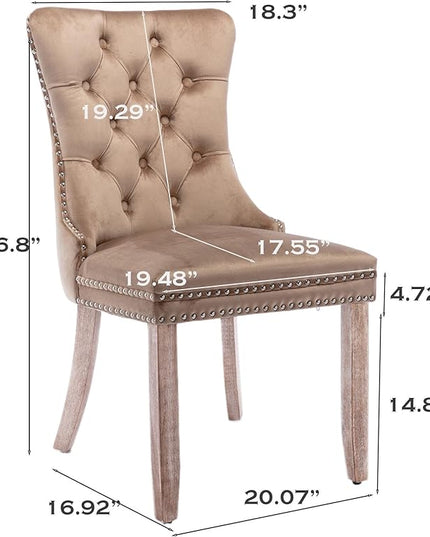 SoarFlash Velvet Dining Chairs Set of 2, Tall Back Side Chair, Modern Upholstered High-end Tufted Side Chair with Button Back Ring, Solid Wood Legs (Khaki)