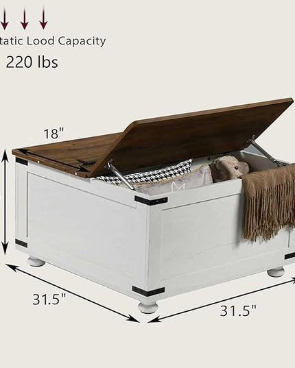 Farmhouse Coffee Table with Storage, White Square Center Table with Hidden Storage Organizer for Living Room, Center Table with Hinged Flip-Top Lids