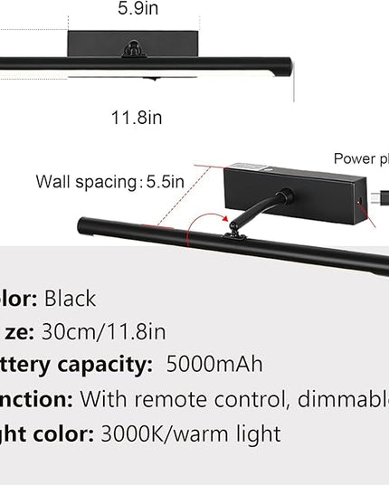 Picture Light for Wall Battery Operated, 12" Rechargeable Art Light with Remote and Timer for Painting, 3 Color Temps, Wireless Wall Light for Display, Artwork, Portrait, Gallery, Black