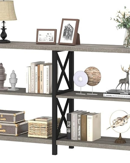 IBF Sofa Table, Modern Metal Wood 3 Tier Entryway Table, Industrial Console Table with Storage Shelves, Foyer Hallway Couch Table Behind Sofa for Living Room, Long Horizontal Bookshelf, Grey Oak, 55in