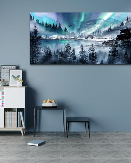 hyidecorart Large Wall Decorations For Office Canvas Wall Art For Living Room Stretched And Framed Canvas Prints Paintings Blue Aurora Scenery Wall Pictures Artwork Ready To Hang Hotel Mural 48x24