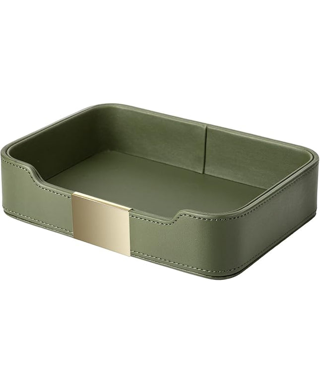SANZIE Luxury Leather Tray Desktop Storage Catchall Organizer Decorative Tray for Entryway Table to Hold Jewelry Watch Keys Phone Wallet (Metal Glided, Dusty Green)