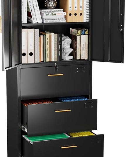 METAN Metal File Cabinet with 3 Drawers and 1 Shelves,Office Filing Cabinet on Wheels with Lock,Office Storage for Letter/Legal Size,Assembly Required,Black