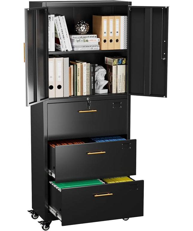 METAN Metal File Cabinet with 3 Drawers and 1 Shelves,Office Filing Cabinet on Wheels with Lock,Office Storage for Letter/Legal Size,Assembly Required,Black