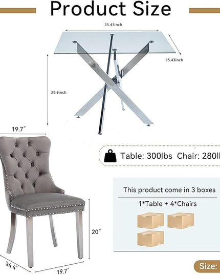 Glass Dining Table Set for 4, Square 36" Dining Table with Silver Cross Metal Leg, 4 Gray Velvet Dining Chairs with Stainless Steel Legs, Modern Glass Kitchen Table and Chairs Set for Small Space