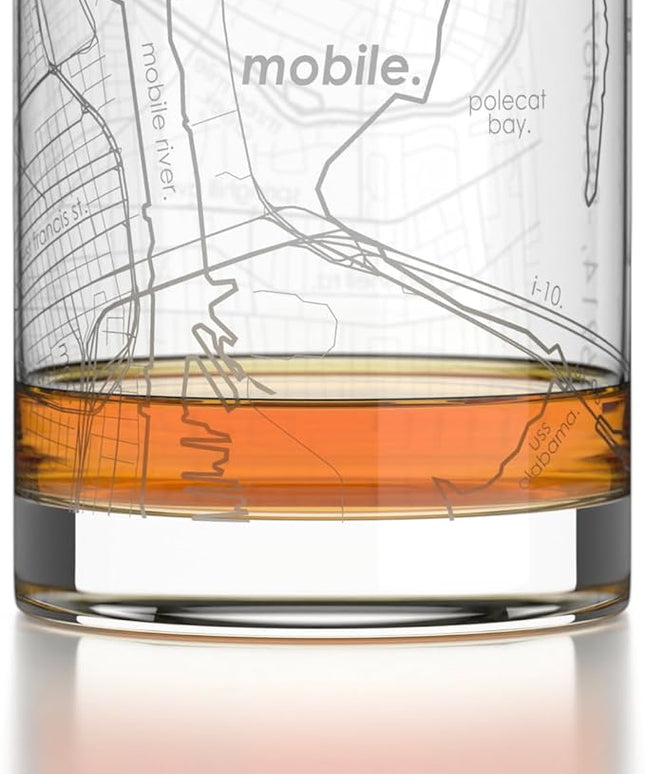 Well Told Engraved Mobile Alabama Map Rocks Glass, Old Fashioned Glassware (11 oz, Clear) Etched Bourbon Tumbler, Gifts For Whiskey Lovers