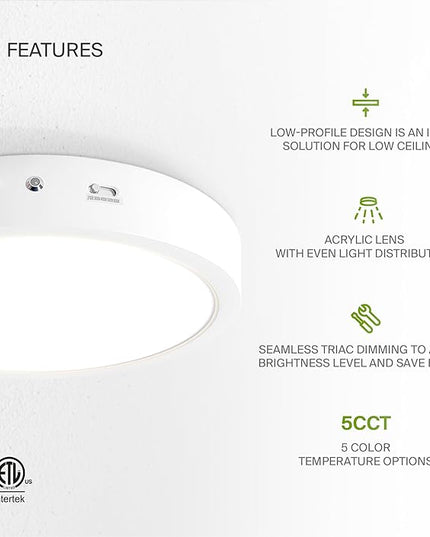 ASD LED 12" Round Flush Mount Ceiling Light Fixture, Low Profile Surface Lighting | 5CCT, Dimmable, Battery Backup, ETL Listed | 24W 2100LM 2700-6000K 120V | Kitchen, Hallway Lamp | White, 6 Pack