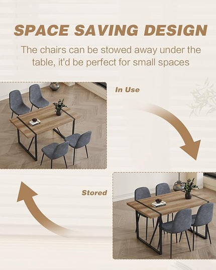 4 Chair Dining Table Set，Dinner Table Set for 4，55'' Kitchen Table and Suede Nap Fabic Chairs Set of 4, 5 Piece Dining Table Set for Kitchen Dining Room