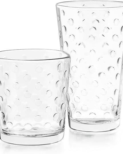 Libbey Awa Tumbler and Rock Glasses Drinking Set, Elegant Polka Dot Drinking Glasses Set of 16, All Purpose Glass Cups Set for Events and Everyday Use