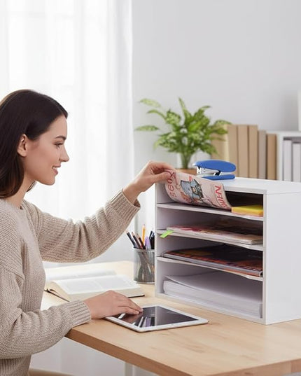 EMERIT 4-Tier Adjustable Paper Organizer, Large Capacity Desktop Organzier for Textbooks/Magazines/Office Files, Wooden Dividers, 7 lbs per Shelf, White