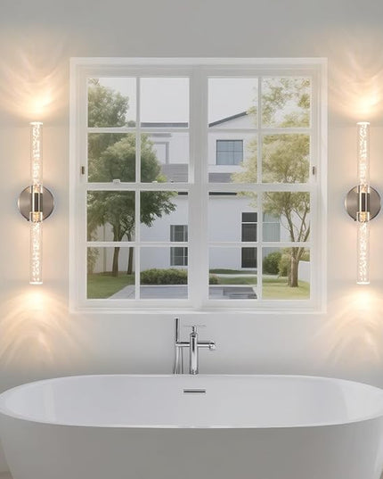 Modern LED Battery Operated Wall Sconces Set of Two, Dimmable Bathroom Crystal Wall Sconce, USB Rechargeable Brushed Nickel Vanity Wall Lamp, Bubble Wall Lights For Bedroom, Living Room. 20-Inch